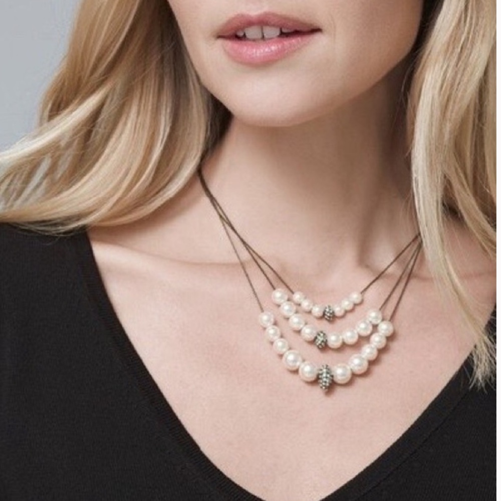 WHBM GLASS PEARL & PAVÉ FIREBALL MULTI-ROW NECKLACE